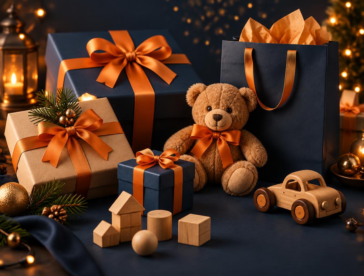 Regalos de fin de año con moños naranja, un peluche y juguetes de madera